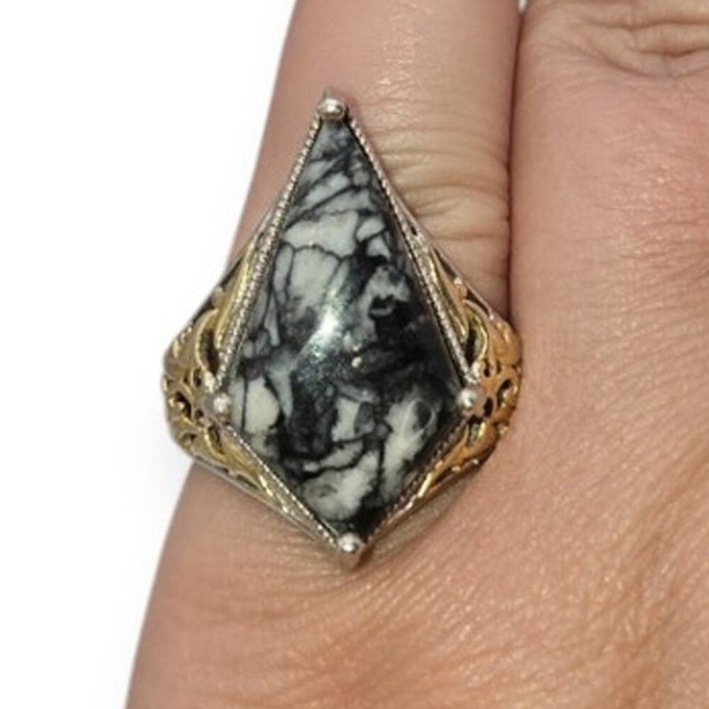 Dendritic Agate Sterling Silver 925 Ring Size 9 Two Tone Openwork Modern Organic